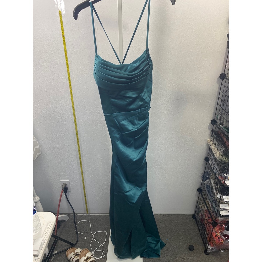 Pomuyoo Teal Satin Cowl Neck Ruched Formal Gown Lace Up Back Prom Dress 10